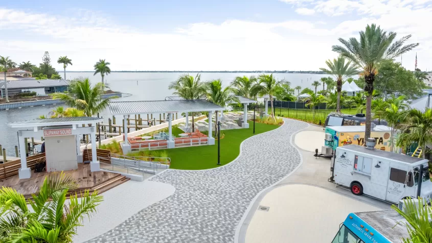 Open air dining at food trucks and live music at Slipaway Food Truck Park & Marina in Cape Coral, FL