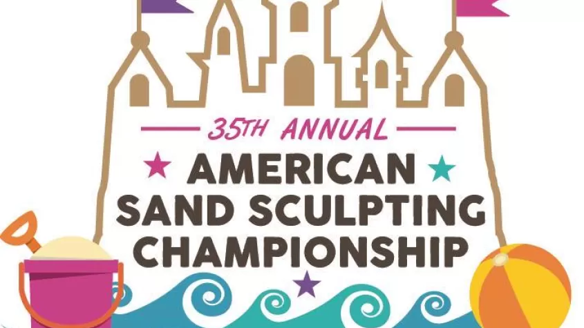 35th Annual American Sand Sculpting Championship" in Fort Myers Beach, FL. The design features a stylized sandcastle with colorful flags, a beach pail and shovel on the left, a beach ball on the right, and ocean waves below. The event name is prominently centered in bold text.